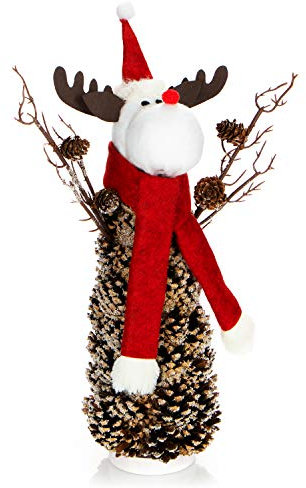 com-four® Rentierfigur Rudolf Größe XL, winterliche Elch-Figur mit Tannenzapfenkörper, weihnachtliche Dekoration, hinreißende Tischdeko zur Adventszeit (Rentier XL weiß rot)