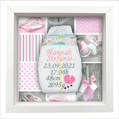 Tanjo bestickte Windel im Rahmen weiß, Mädchen, individuell personalisiert I Windel bestickt, bestickte Windel Paten, Baby Bilderrahmen Daten, Windeln bestickt mit Rahmen, Geschenke zur Geburt