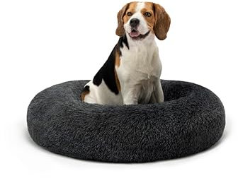 lionto Donutbett für Hunde und Katzen, Flauschiges Hundebett rund für kleine und große Heimtiere, Ø 80 cm, weiches Katzenbett aus kuscheligem Plüsch, Hundekissen mit extra Dicker Füllung, dunkelgrau