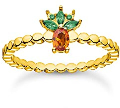 THOMAS SABO Kugelring für Damen mit Ananas Motiv 925er Sterlingsilber mit 750er Gelbgold Vergoldung mit Zirkonia in Grün und Orange, Größe: 56, TR2352-472-7-56