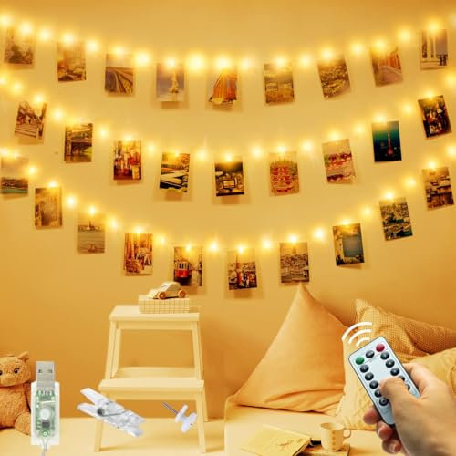 120 LED Photo Clip String Lights, USB Plug in Remote Control with 8 Modes Photo Peg Fairy Lights with 60 Clips & 20 Nails Hanging String Photo Frames Decoration for Bedroom Wedding Party Birthday