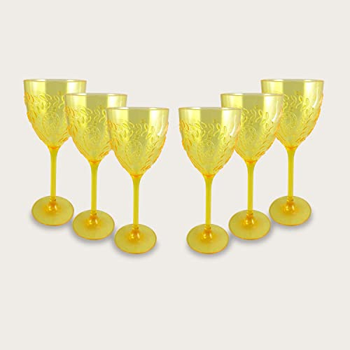 arca - Set 6 Calici in Plastica Acrilica Resistente Gialla con Decoro Floreale da 40 Cl