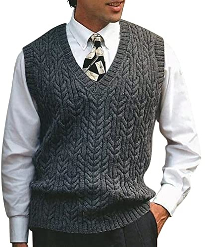 ORANDESIGNE Pullunder Herren Årmellos Trachten Strickweste Zopfmuster Pullover Regular Fit Strickpullunder Winter Pullover Weste Grobstrick Strickpullover Sweater Knitted Tank Top Dunkelgrau L