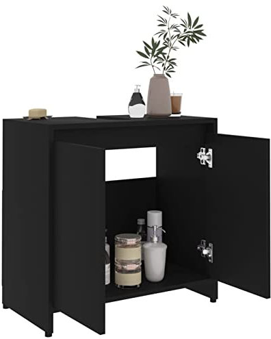 Tidyard Badezimmerschrank Badschrank Badezimmer Aufbewahrungsschrank Schrank Waschbeckenunterschrank Waschtisch Unterschrank Badmöbel,Mit 1 Fach und 2 Tür,Schwarz 60x33x61 cm Holzwerkstoff,60x33x58