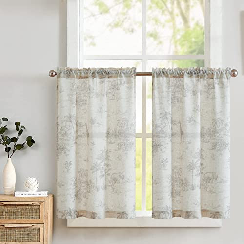 TOPICK Rideau Cuisine Court Moderne Brise Bise Imprimé Plantes Animaux Gris 65L X 60H cm, Rideaux et Draperies Intérieurs Translucides, Style Lin Moderne pour Evier Placard Petite Fenetre Lot de 2