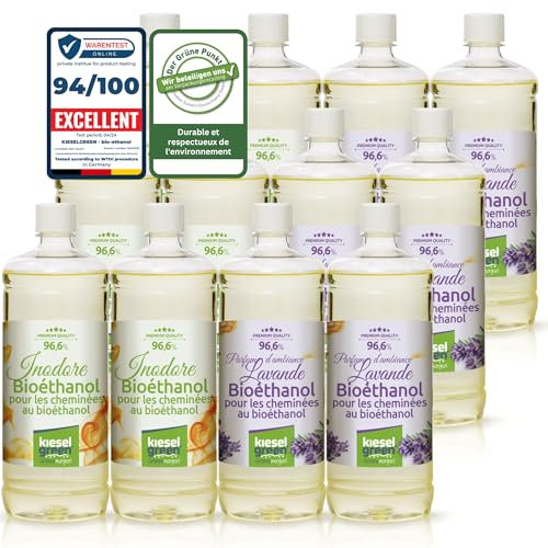 KieselGreen Bioéthanol 12 x 1 Litre Set (6x avec Parfum + 6x Inodore) pour Cheminée à l'éthanol - Bioéthanol comme Parfum - pour Cheminée à l'éthanol Bio intérieur ou feu de Table au Bioéthanol L