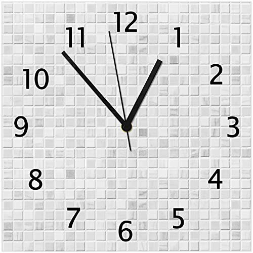 Wallario Design-Wanduhr Fliesen im Bad weiß-grau aus Glas, Motiv-Uhr Größe 30 x 30 cm, Schwarze Zeiger