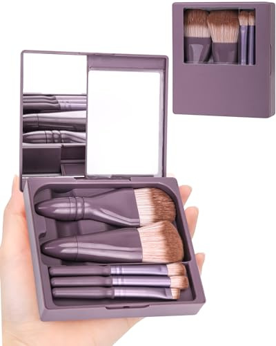 PGRODE Makeup Brushes in Travel Size, Mini Set with Hard Case and Integrated Mirror, 5 Small Cosmetic Brushes, Travel Kit for Women, Girls, Gift (Dark Violet)