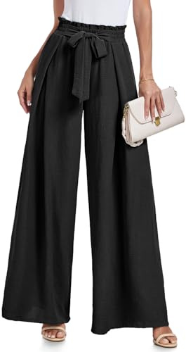 Women's Wide Leg Pants with Pockets High Waist Adjustable Knot Loose Casual Trousers Business Work Casual Pants A - Black