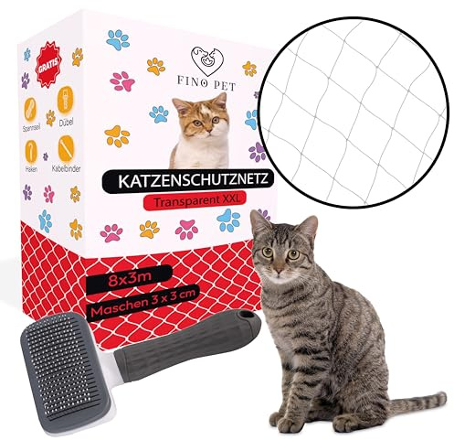 FinoPet Katzennetz für Balkon 8x3 Meter transparent mit Katzenbürste inklusive Befestigungsmaterial Katzenschutznetz Katzengitter Schutznetz Sicherheitsnetz Balkonnetz für Katzen