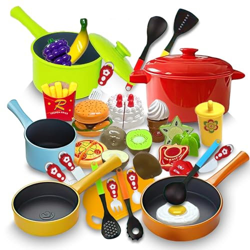 Koolbitz 40 PCs Toy Kitchen Accessories for Kids & Play Food Set, Pretend Play Cooking Utensils Set & Fruit & Veggies Food Cutting Toys, Educational Role-Play Kitchen Set Gift for Children Ages 3+