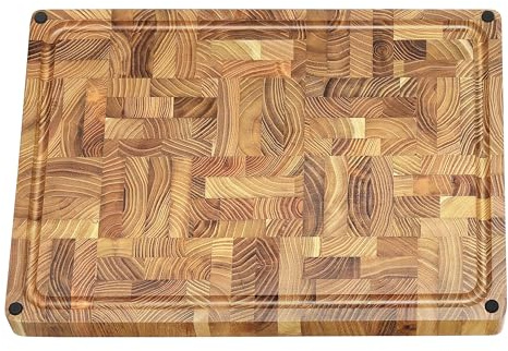zayiko Stirnholz-Schneidebrett aus Teakholz, 43 × 30,5 × 3,5 cm, Saftrille | Massives Brett mit messerschonender Oberfläche und Würfelmuster, 3,5 cm stark; für Fleisch, Gemüse, Brot und Käse; Handwäsche