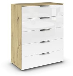 Rauch Möbel Flipp, Kommode, Farbe Glas Weiß/Eiche Artisan, Breite 80 cm | Sideboard, 5 Schubladen, Soft-Close-Funktion, für Schlafzimmer, Gästezimmer, Wohnzimmer, Garderobe, Flur