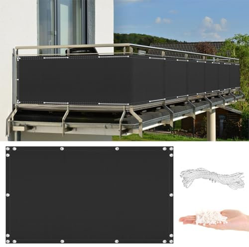 Balkon Sichtschutz 0.9 x 12m Meterware, UV- und Wetterbeständig, Balkonverkleidung für Balkon Garten Terrassen Hof, mit Ösen Kabelbinder und Kordel, Schwarz