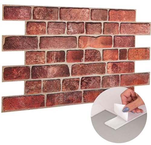 3D Wall Panels Self Adhesive - 6 Sheets Covering 29.7 sqft (2.8 sqm) Modern PVC Plastic Cladding Panel Size - 37.79 x 18.89 in (96 cm x 48 cm) – Decorative Faux Deep Red Brick Pattern
