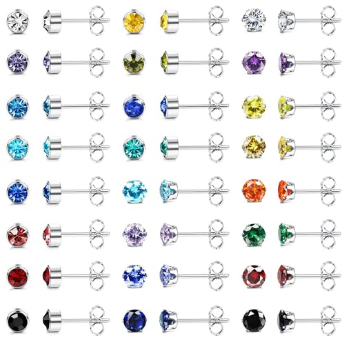 JeweBella 24 Paar Ohrstecker Chirurgenstahl für Damen Herrren Mädchen Hypoallergene Medizinische Ohrstecker Set Geburtsstein Zirkonia Ohrringe Bunt Helix Knorpel Ohrringe Silber für Mehrere Piercings