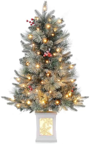 Weihnachtsbaum Künstlich 90cm mit 78 Beleuchtung, Snow Flocked Künstlicher Weihnachtsbaum Batteriebetrieben Pre-lit Premium mit roten Beeren Weihnachten deko für Zuhause, Büro, Weiße Basis