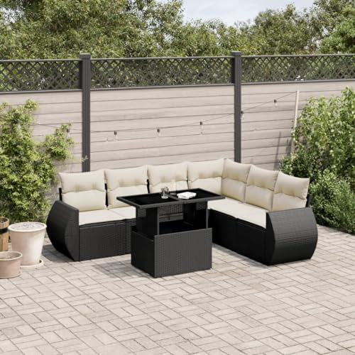 Homgoday Schlafsofa-Set Gartensofa Set mit Kissen 7-teilig Schwarz Polyrattan Loungesofa Gartensofa-Set Modern Outdoor Outdoor Deko