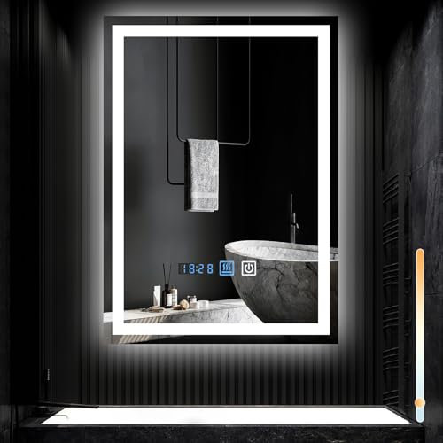Mursche Spiegel Bad Badspiegel mit Beleuchtung - LED Badezimmerspiegel 50x70 cm Wandspiegel Badezimmer IP44 mit Touch-Schalter und Uhr Entfogger-Funktion Licht Dimmbar 3000K-6500K