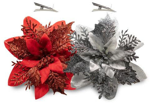 Ikhady 12 Fiori per Albero di Natale 14cm – Fiori Finti Glitterati con Clip, Decorazioni Natalizie Eleganti per Addobbi, Ghirlande e Centrotavola