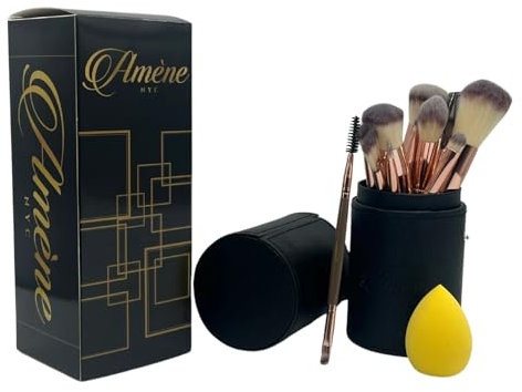 Améne Make-up-Pinsel-Set, 15-teilig, hochwertige synthetische Grundierung, Puder, Concealer, Lidschatten, Rouge, Pinsel mit schwarzem Etui, Braun