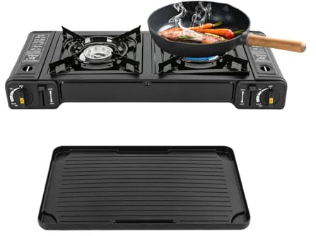 HuKaiL Hornillo de gas de camping, hornillo de gas portátil de 2 fuegos, potencia de fuego ajustable con bandeja de barbacoa, hornillo de camping con cerradura de seguridad para camping, senderismo,