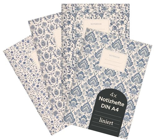 etmamu 1036 4er-Set Notizhefte A4 | Ornamente Blumen- und Damastmustern | für Notizen, Skizzen, Bullet Journal & Planungen | Liniert