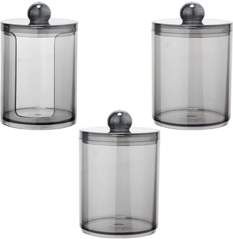 3 Pack Cotton Buds Dispenser, Pad Holder, 10 oz Clear Black Swab Holder, Apothecary Jar Set Bathroom Canister Storage Organization for Balls, Round Pads, Floss