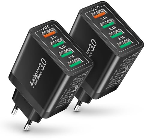 2-Pack USB Ladegerät Mehrfach, Quick Charge 3.0 schnellladegerät, 4-Port Multi USB Netzteil Stecker, kompatibel mit iPhone 16 15 14 13, Galaxy 24 23 22, LG, Google Pixel (Schwarz)