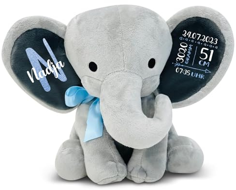 Love Faith personalisierter Kuschelelefant - grau/blau - Geburtsgeschenk | Niedlicher Plüschelefant in Grau mit blauer Schleife - Individuelles Geschenk für Jungen zur Geburt, Taufe oder Geburtstag