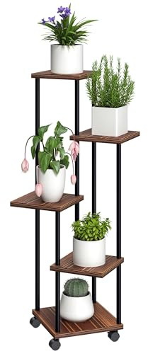 Outsunny 5-Etagen Pflanzenständer mit Räder Stahl 110cm hoch Verkohlt | Blumenständer für Innen Außen, Pflanzenregal aus Holz, Mehrstöckig Blumenregal, Blumentreppe, Garten Balkon Deko