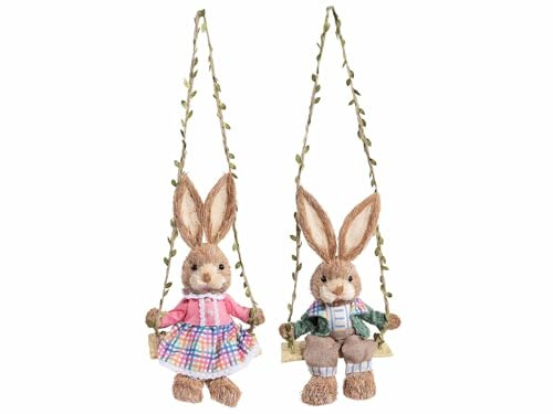 Gruppo Maruccia - Coniglietti Pasquali in Paglia su Altalena - Addobbo Artigianale per Casa e Negozi - Idea Regalo Pasqua - Set da 2 Pezzi