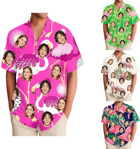 Custom Hawaiian Shirts for Men Personalised Shiteshirts with Face Photo Summer Short Sleeve Shirts Hawaiian Fancy Dress (UK, Alpha, M, 4XL, Regular, Regular, Flamingos)