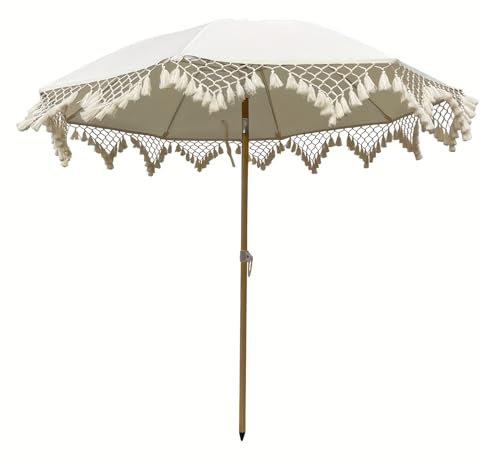 XOBRJQZ Parasol de plage Extérieur Boho blanc de 200 cm avec frange, parapluie à pompons de haute qualité UPF 50 avec inclinaison et manivelle pour jardin, pelouse, terrasse, cour et piscine
