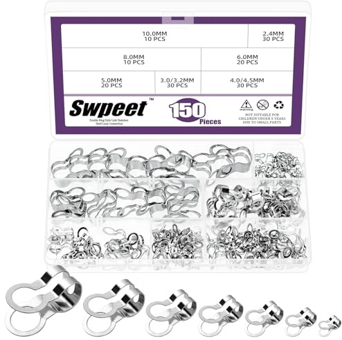 Swpeet Lot de 150 connecteurs de chaîne à billes en acier inoxydable 304 de 7 tailles 2,4 mm/3,2 mm/4/4,5 mm/5 mm/6 mm/8 mm/10 mm, assortiment de connecteurs à double anneau pour travaux manuels et