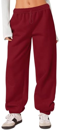 HeSaYep Damen-Sweathose mit Fleece-Futter, Thermo-Winterhose, hohe Taille, Sweathose mit Kordelzug, Baggy-Jogginghose, Weinrot, Groß