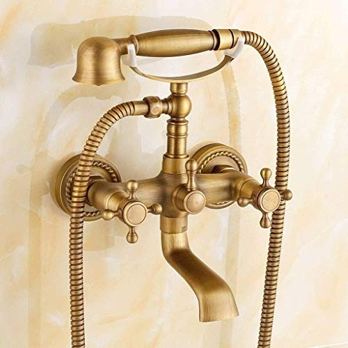Traditional Cross Handle Wall Mounted Two Handle Bath Faucet with Antique Brass Shower System with Hand Shower Set，