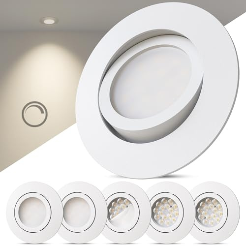 Scandinavian home 6er Set LED Einbaustrahler 230V Dimmbar - LED Spots 230V Warmweiß 3000K, 470 lm, CRI 90+, 68mm Lochmaß - IP44 Badezimmer Geeignet - Deckenspots Weiß-Matt, Schwenkbar