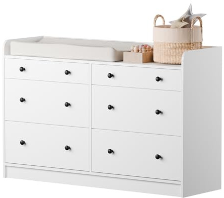 Cozy Castle Baby Dresser with 6 Drawers and Large Table Top, Multi-Functional Chest of Drawer, Drawer Dresser with Three-Sided High Rails for Nursery, Children's Room, Bedroom, White