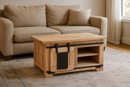 SAM Truhe Libro II, Akazienholz massiv + naturfarben, Couchtisch mit Holzschiebetür, 1 Klappe & 3 offenen Fächern, Türelemente & Reling aus Eisen, 76 x 51 x 45 cm