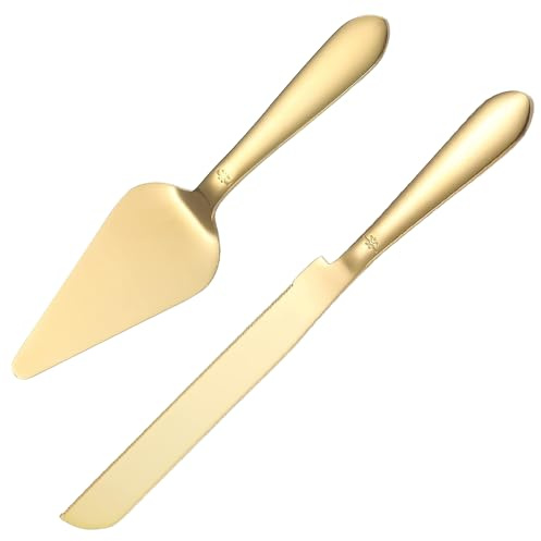 Cake Knife and Server Set, Stainless Steel Wedding Cake Cutter with Elegant Handle, Suitable for Birthdays, Anniversaries, Parties, and Special Events, Dishwasher Safe (Gold)