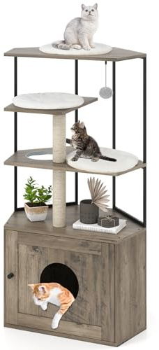 COSTWAY Cat Tree with Litter Box Enclosure, 2 in 1 Cats House with Sisal Scratching Posts, Hanging Ball, Cushions, Wooden Cat Climbing Tower Hidden Kitty Washroom