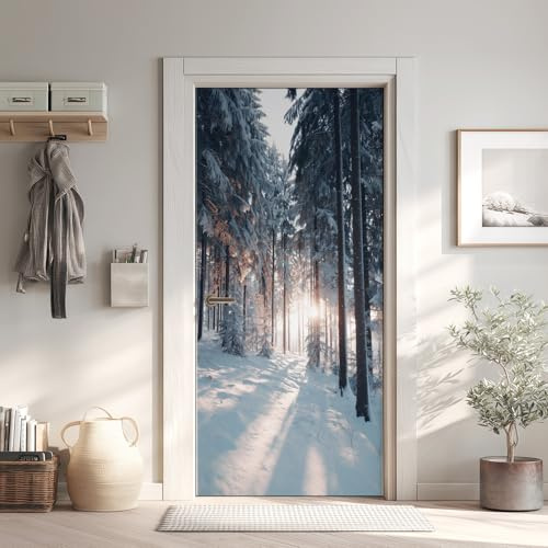 Wald Türtapete Türposter Türfolie Selbstklebend PVC, Winter Schnee Türaufkleber Abnehmbar Wasserdicht, Natur Fototapete für Tür Wohnzimmer Kinderzimmer 90x200 cm Y6Nc182