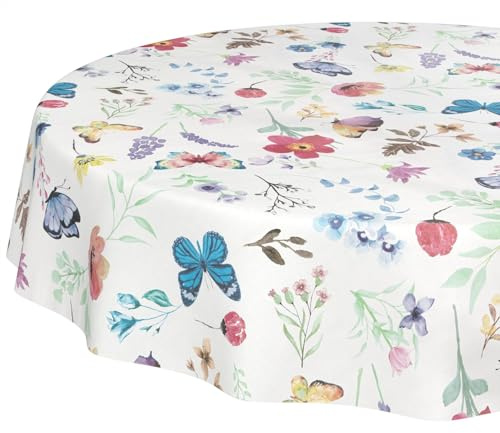 Nappe en toile cirée lavable, facile d'entretien, imperméable, effet lotus, pour table de jardin, motif papillons, ronde, 120 cm, bord coupé