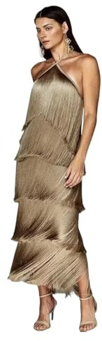 AMEEDA Vestido Flecos Vestido con Flecos en el Cuello y Espalda Descubierta for Mujer(Camels,M)