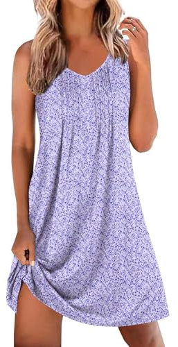 Ekouaer Nighties for Womens Sleeveless Soft Short Nightdress S-3XL | printed nightshirts, V neck, chest pleats, relaxed fit, breathable and stretchy, casual homewear, ideal for holidays