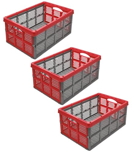 Garronda Klappbox Klappkiste Faltbox 3 Pack 51x34x22 cm GD-0188 Grau/Rot | HDPE, Stapelbar, als Aufbewahrungsbox für Transport, Lagerung und Ernte, vielseitig einsetzbar in Auto, Garten und Haushalt