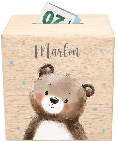 Bär Spardose für Kinder personalisierte Sparbox aus Holz Waldtiere Holzspardose mit Schlüssel Geldgeschenk für Jungen & Mädchen
