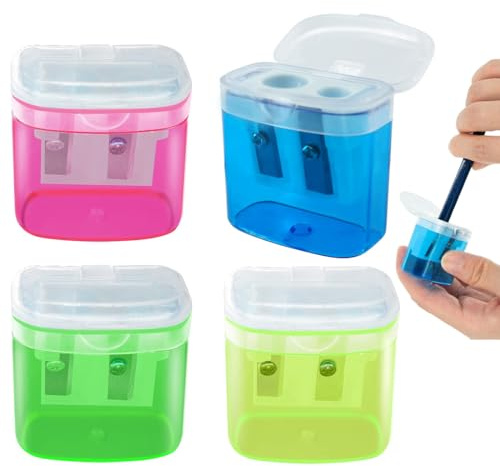 GNALIA Sacapuntas, 4 Unidades Con Depósito, Colores Rojo, Amarillo, Azul Y Verde, Doble Orificio, 4Cm Largo X 3.5Cm Ancho X 2Cm Alto, Para Escuela Y Oficina