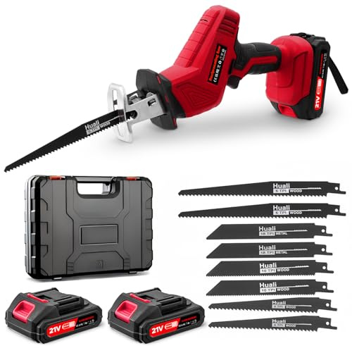 RugoTech Scie sabre sans fil 21V – Moteur brushless, vitesse variable 0-4000 tr/min, 2 batteries 2.0Ah, 8 lames, éclairage LED et chargeur rapide. Idéale pour bois, métal et PVC – Couleur Rouge.
